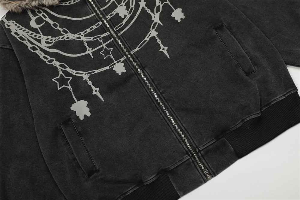 Y2K Chain Print Faux Fur Hooded Washed Sweatshirt