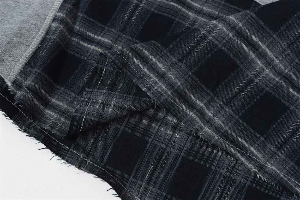 Fashionable Irregular Plaid Patchwork Ripped Hoodie
