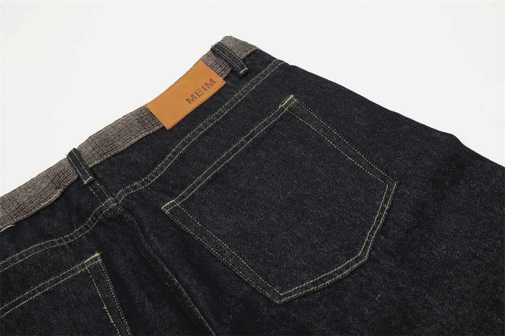 Streetwear Patchwork Plaid Denim Straight Leg Jeans