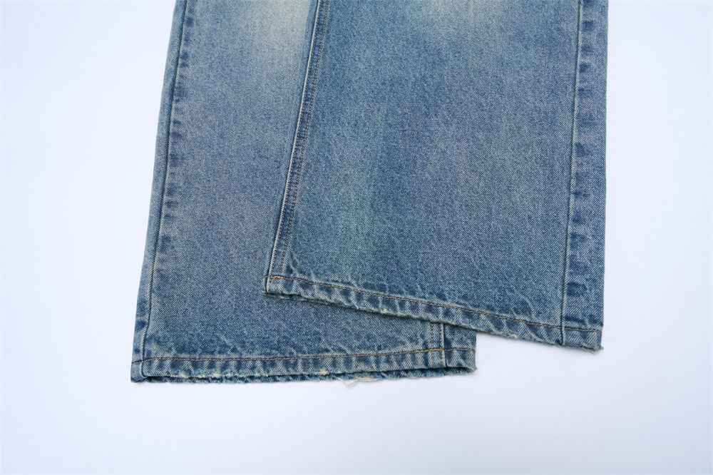 Trendy Washed Distressed Denim Wide Leg Jeans