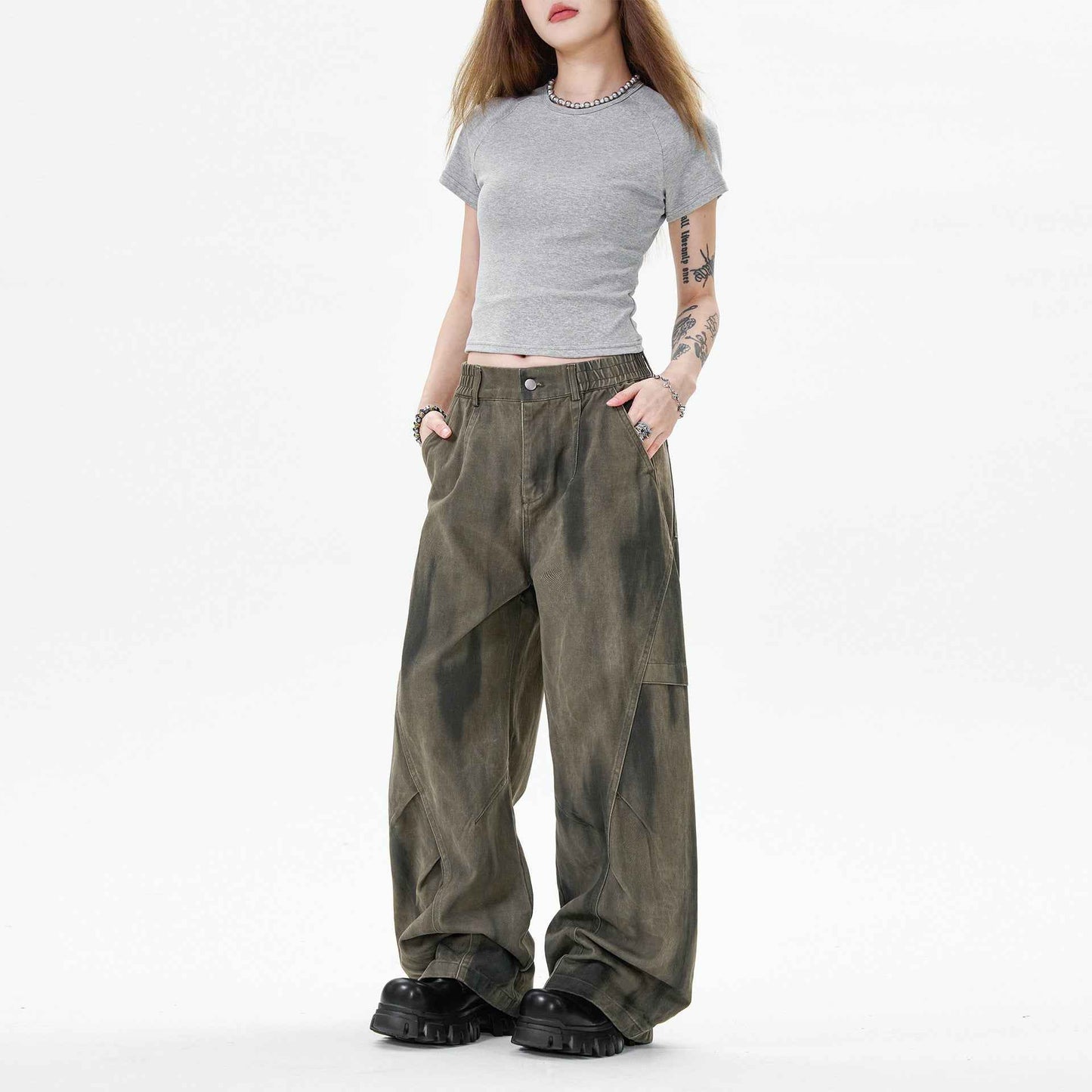 Plush Gradient Tie Dye Workwear Wide Leg Jeans