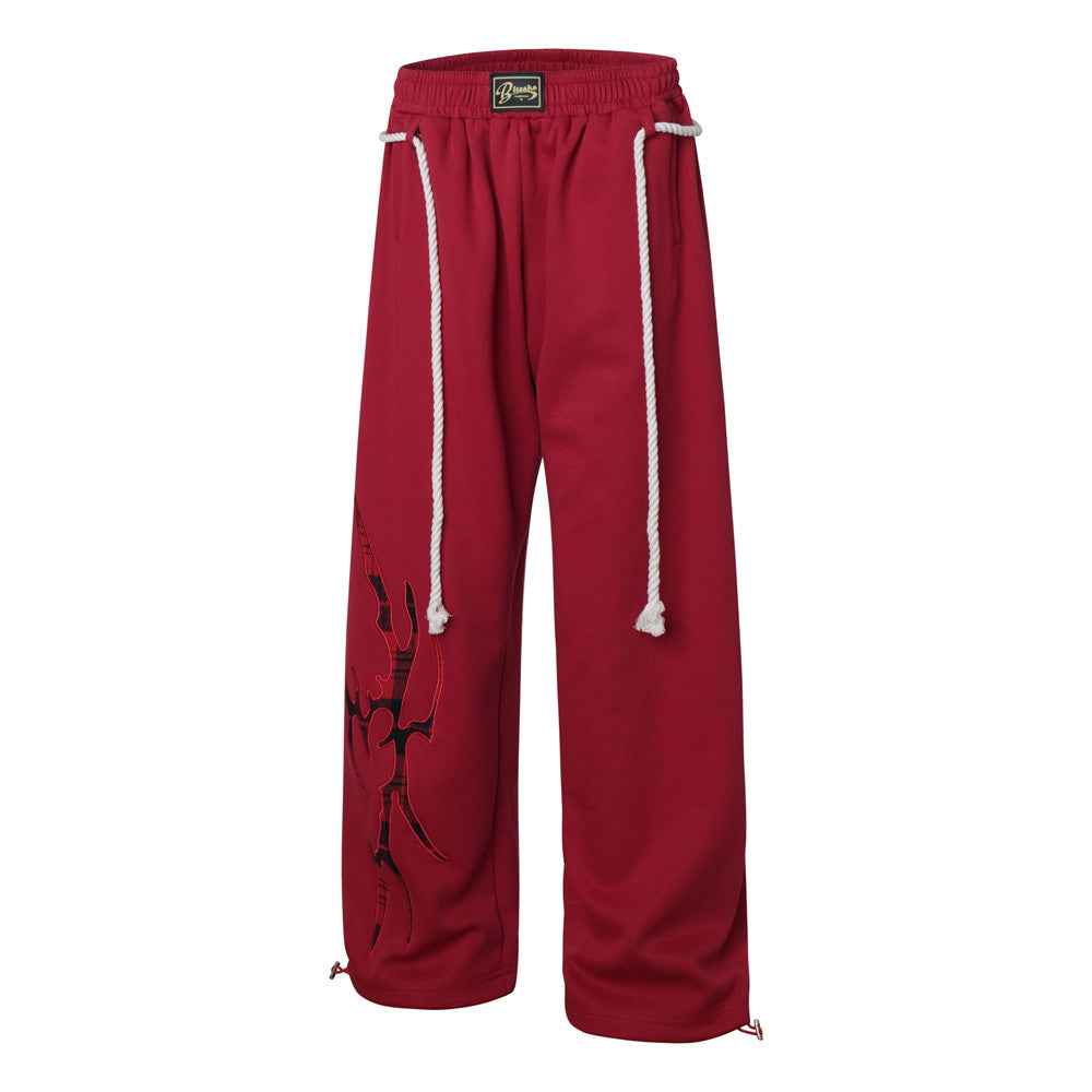 Creative Red Woven Rope Design Wide Leg Jogger