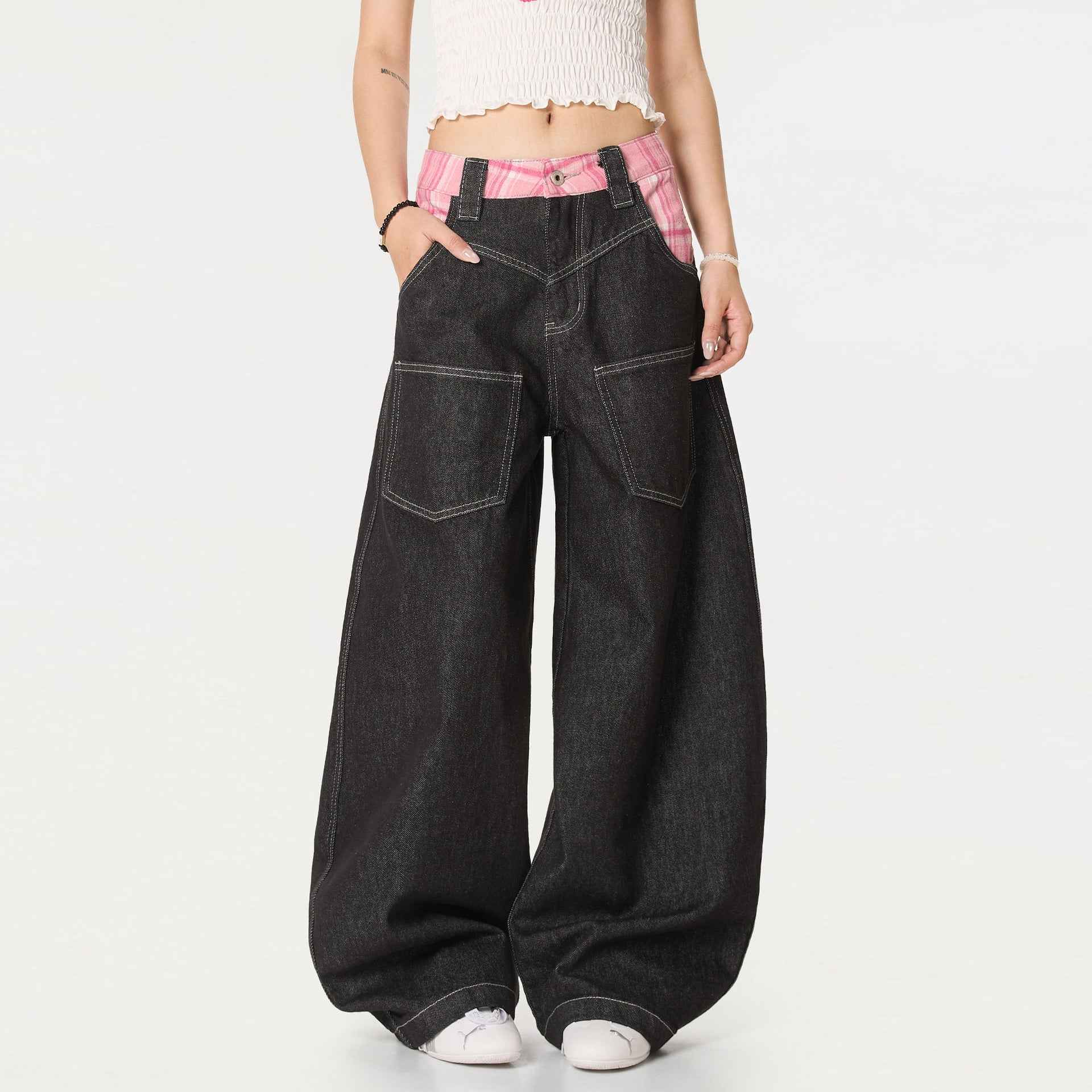 Y2K Stylish Plaid Patchwork Wide Leg Baggy Jeans