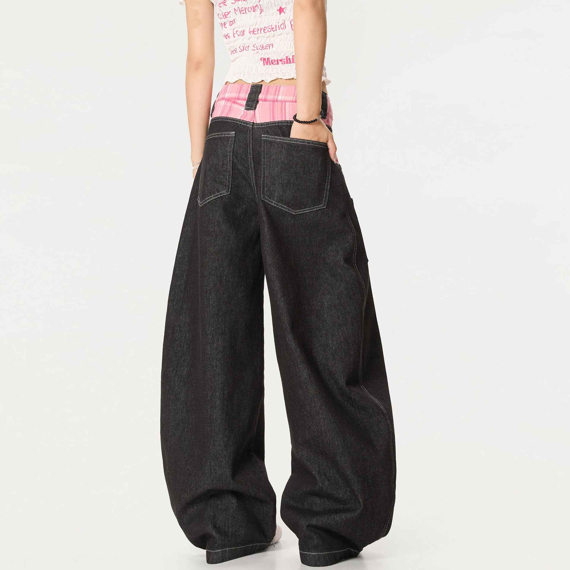 Y2K Stylish Plaid Patchwork Wide Leg Baggy Jeans