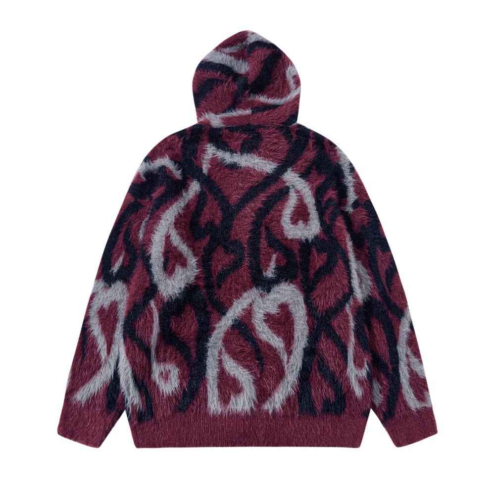 Streetwear Abstract Heart Jacquard Knit Hooded Sweatshirt
