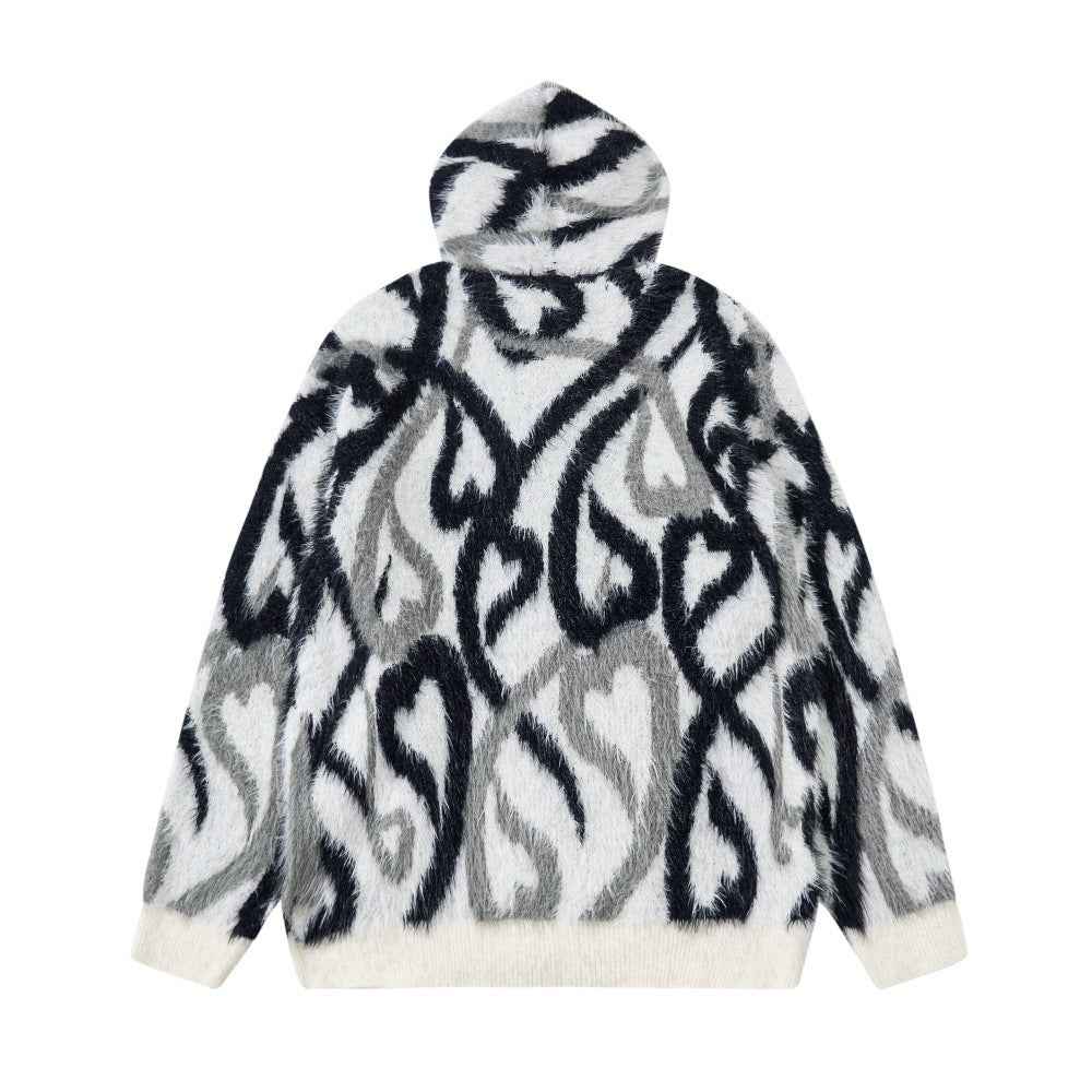 Streetwear Abstract Heart Jacquard Knit Hooded Sweatshirt
