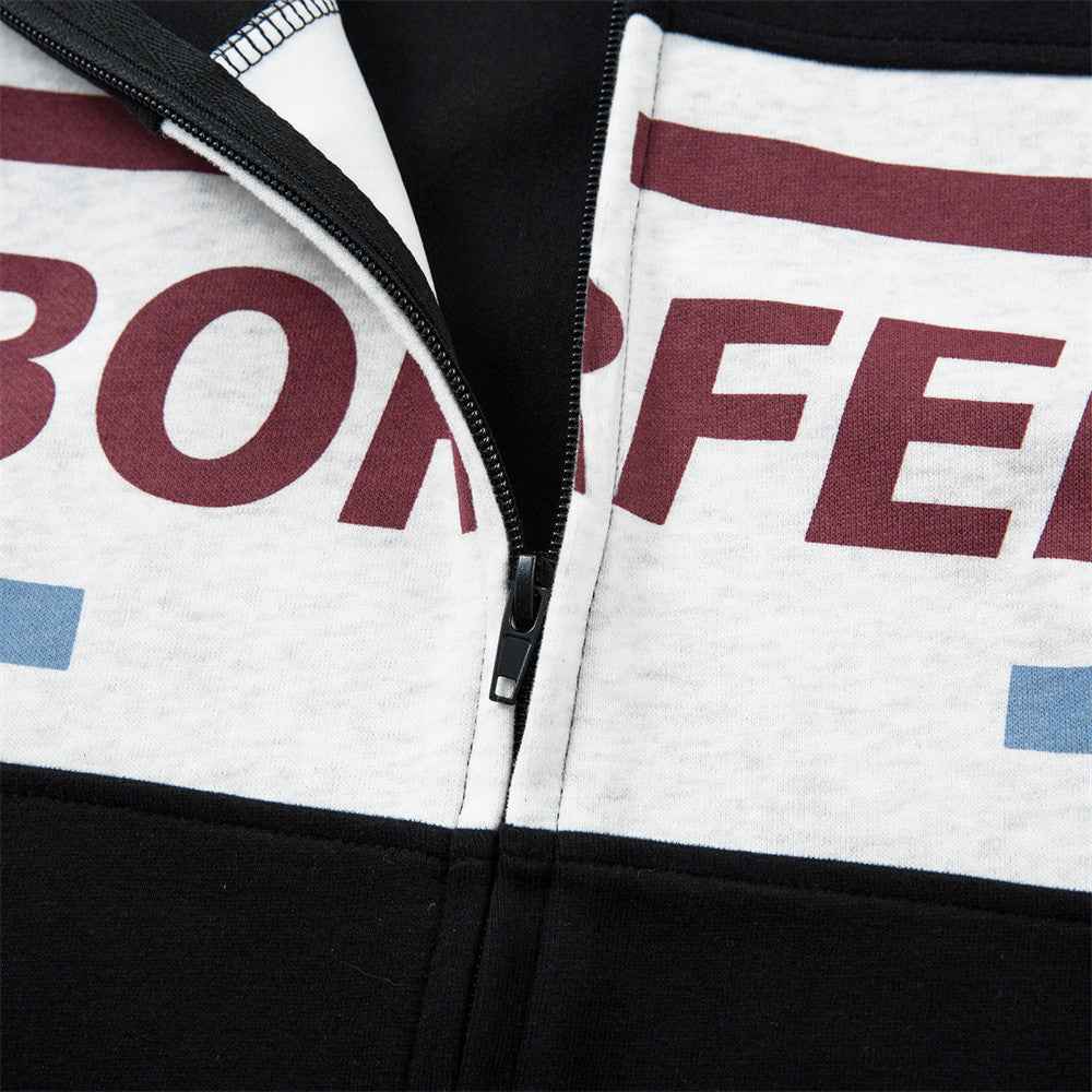 Stylish Color Block Letter Print Zip-Up Sweatshirt