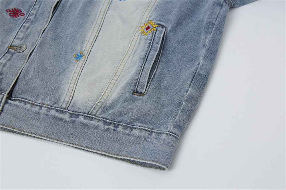 Durable Distressed Embroidered Denim Jacket