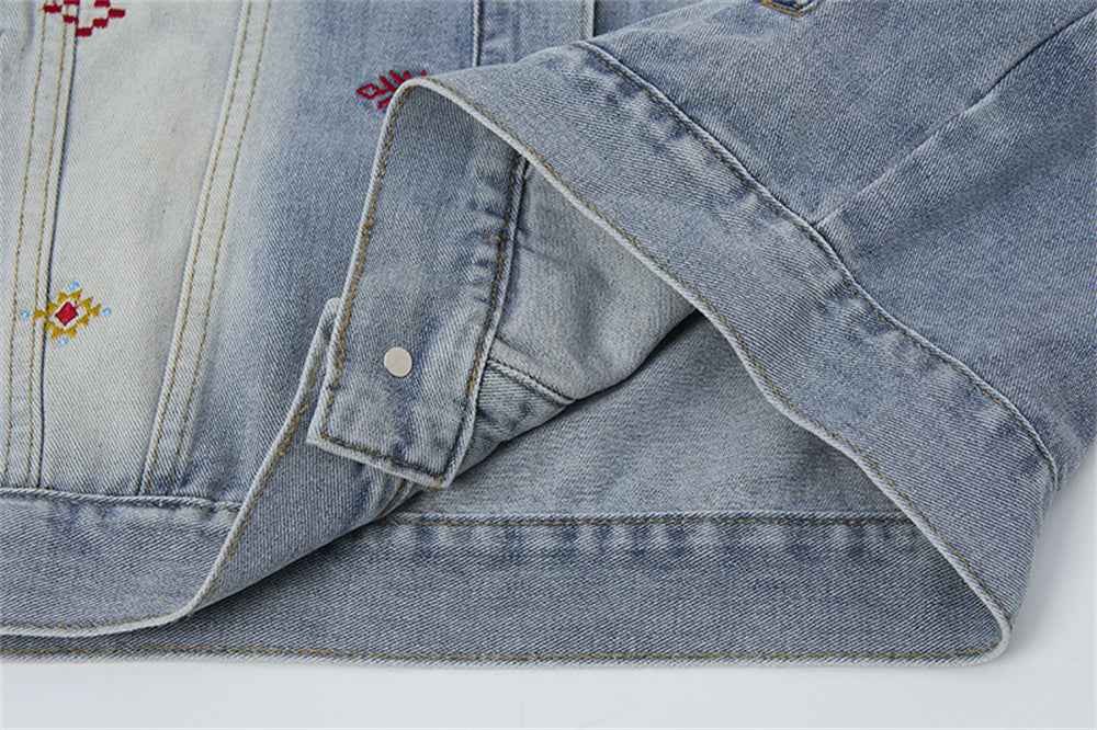 Durable Distressed Embroidered Denim Jacket