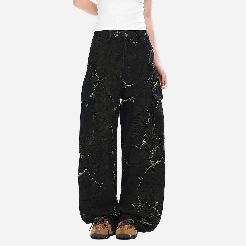 Lightning Cracked Pocket Workwear Wide Leg Jeans