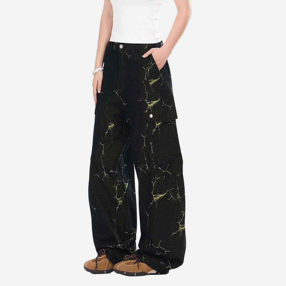 Lightning Cracked Pocket Workwear Wide Leg Jeans