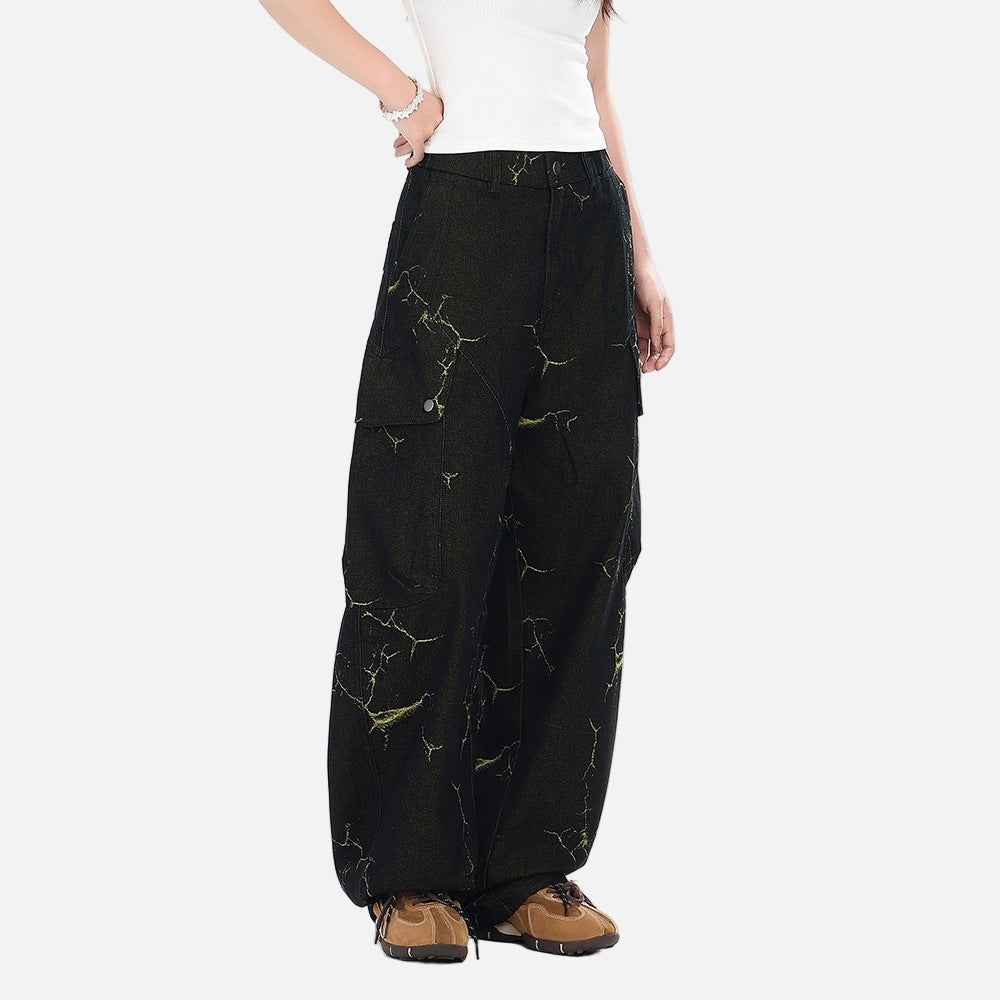 Lightning Cracked Pocket Workwear Wide Leg Jeans