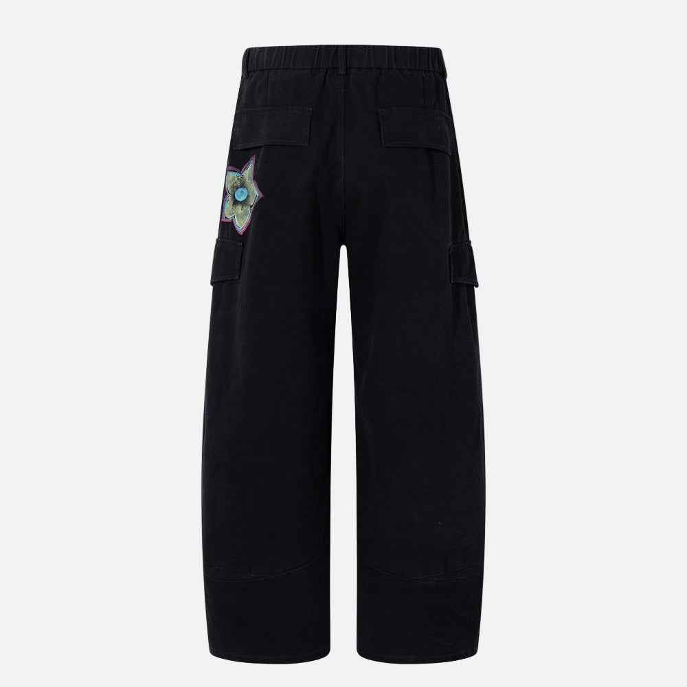 Unique Hand-Painted Floral Design Wide-Leg Cargo Jeans