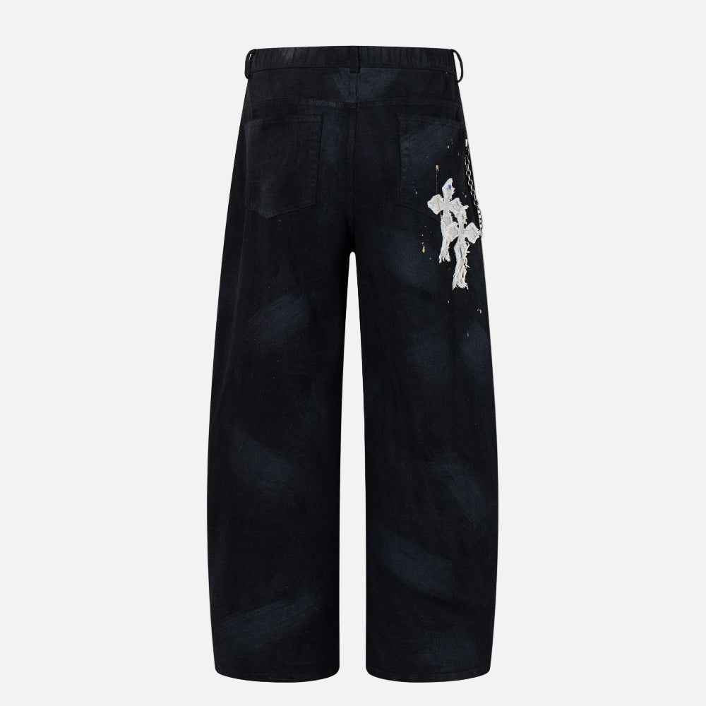 Gothic Cross Embroidered Distressed Denim Jeans