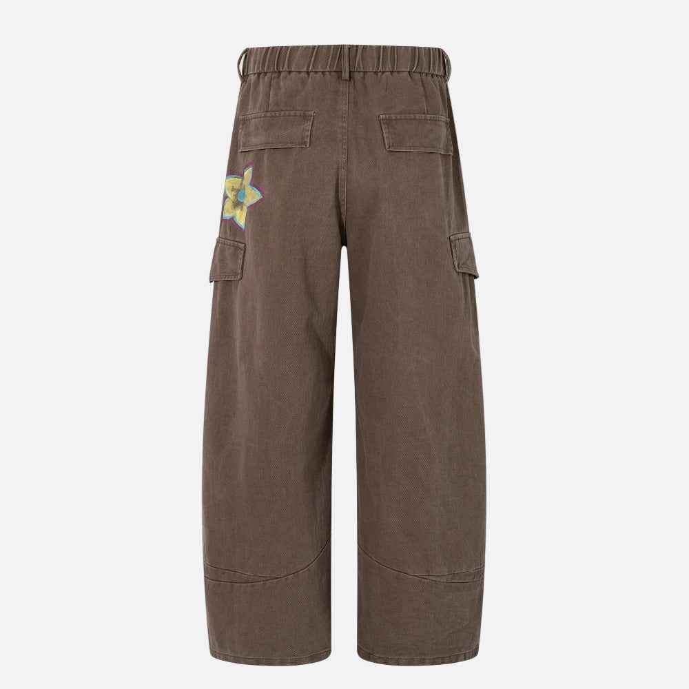 Unique Hand-Painted Floral Design Wide-Leg Cargo Jeans