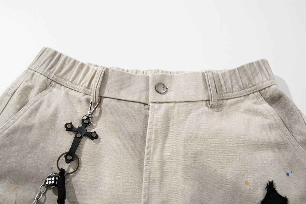 Gothic Cross Embroidered Distressed Denim Jeans