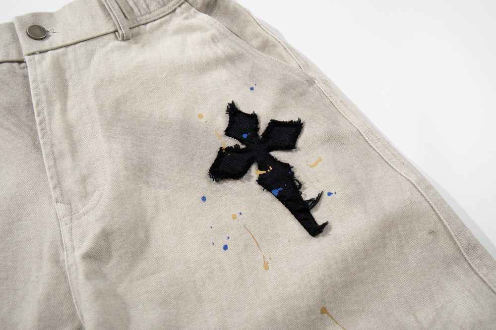 Gothic Cross Embroidered Distressed Denim Jeans