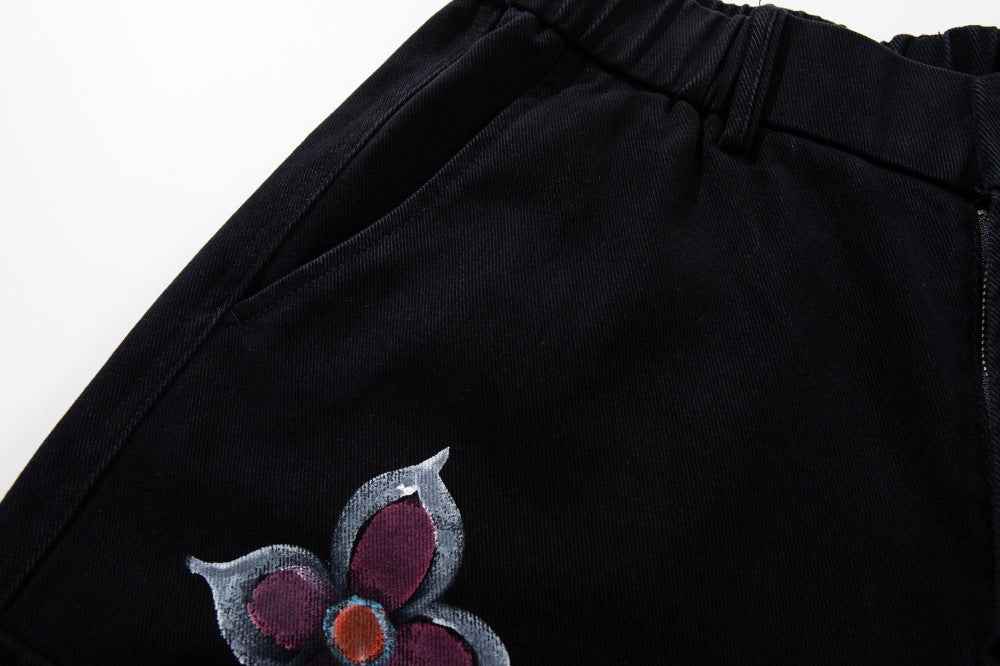 Unique Hand-Painted Floral Design Wide-Leg Cargo Jeans