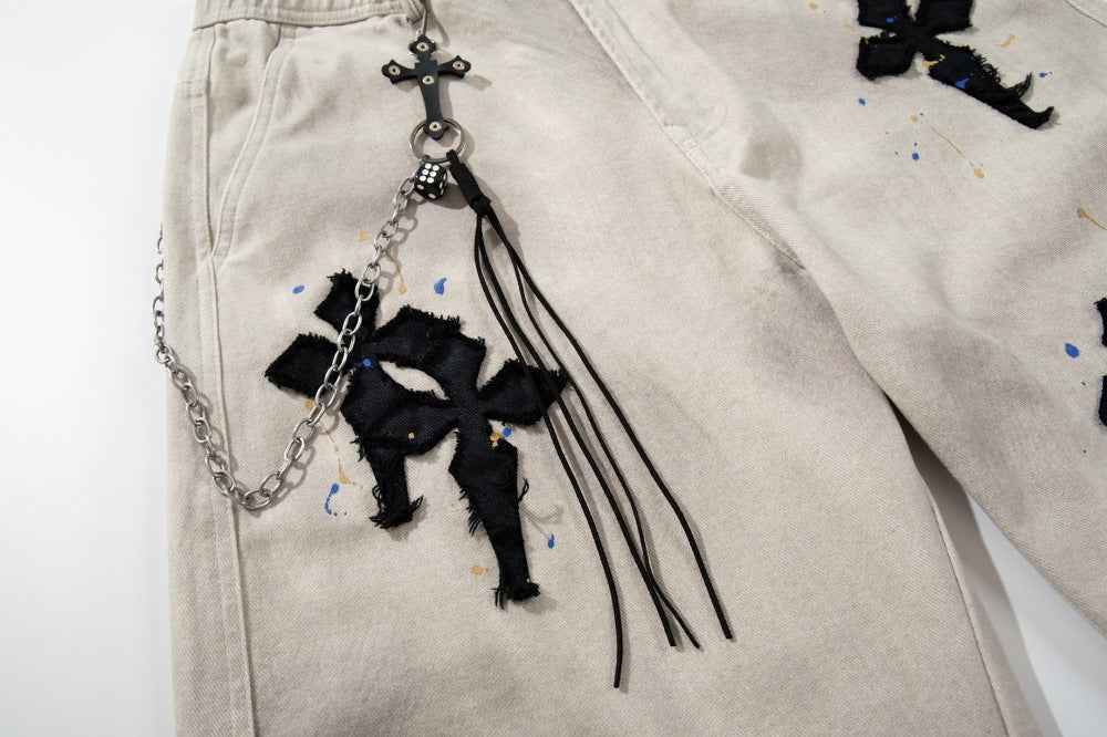 Gothic Cross Embroidered Distressed Denim Jeans