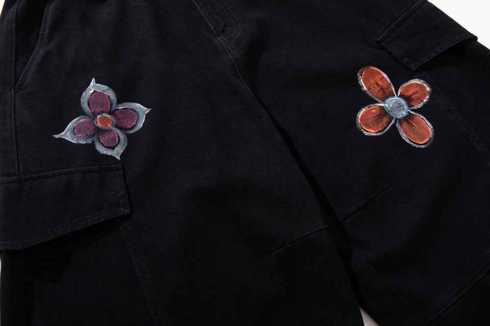Unique Hand-Painted Floral Design Wide-Leg Cargo Jeans