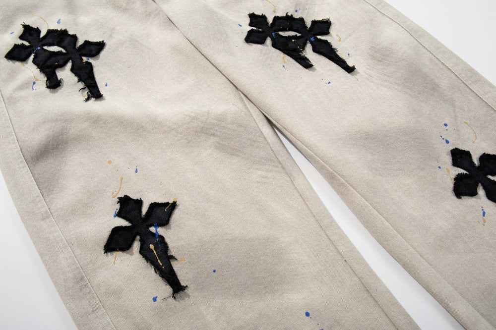 Gothic Cross Embroidered Distressed Denim Jeans