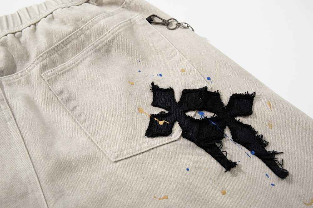 Gothic Cross Embroidered Distressed Denim Jeans