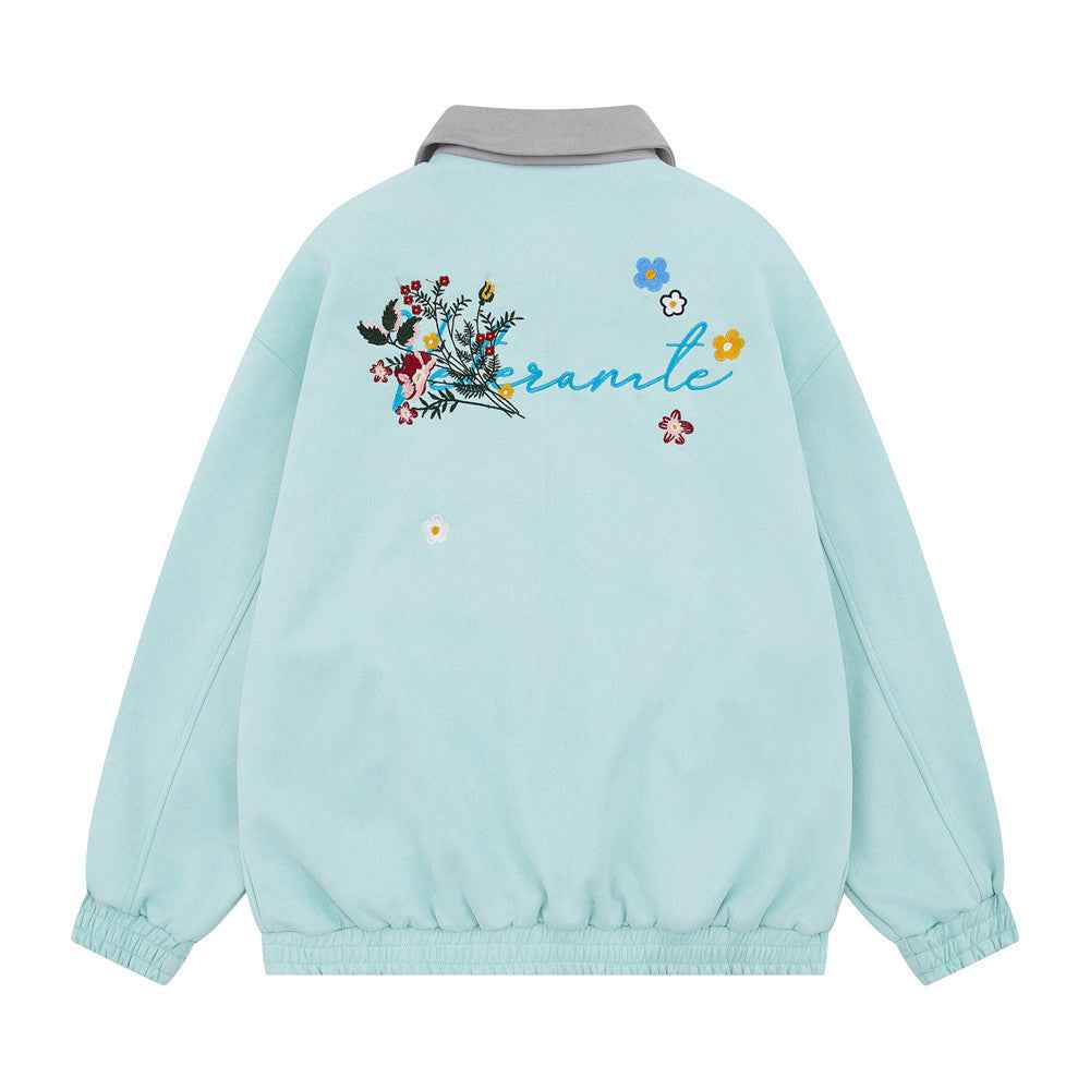Floral Embroidered Oversized Contrast Collar Jacket