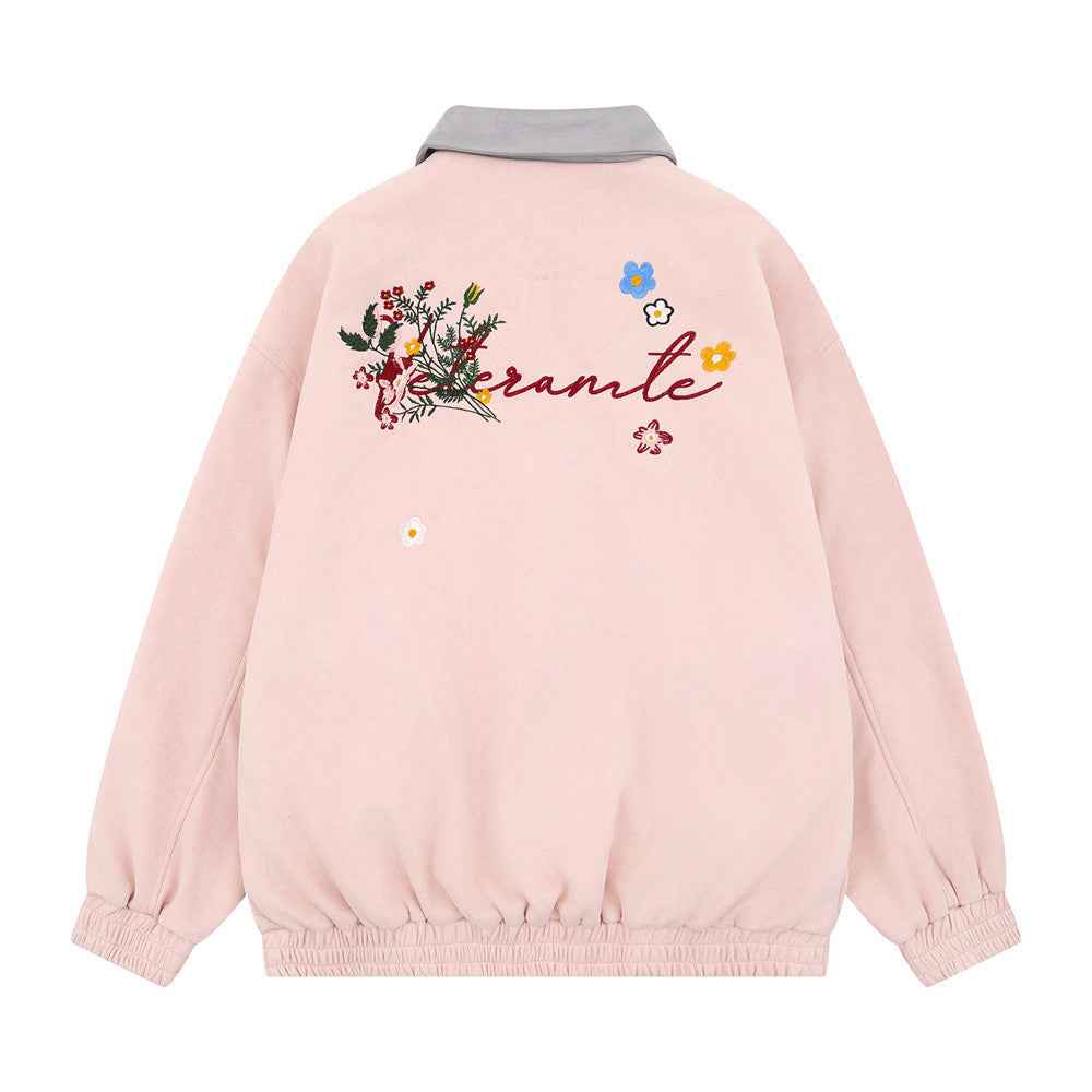 Floral Embroidered Oversized Contrast Collar Jacket