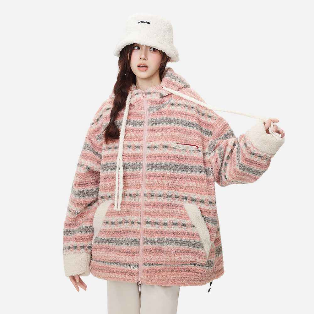 Soft Striped Winter Cartoon Rabbit Hooded Sweatshirt