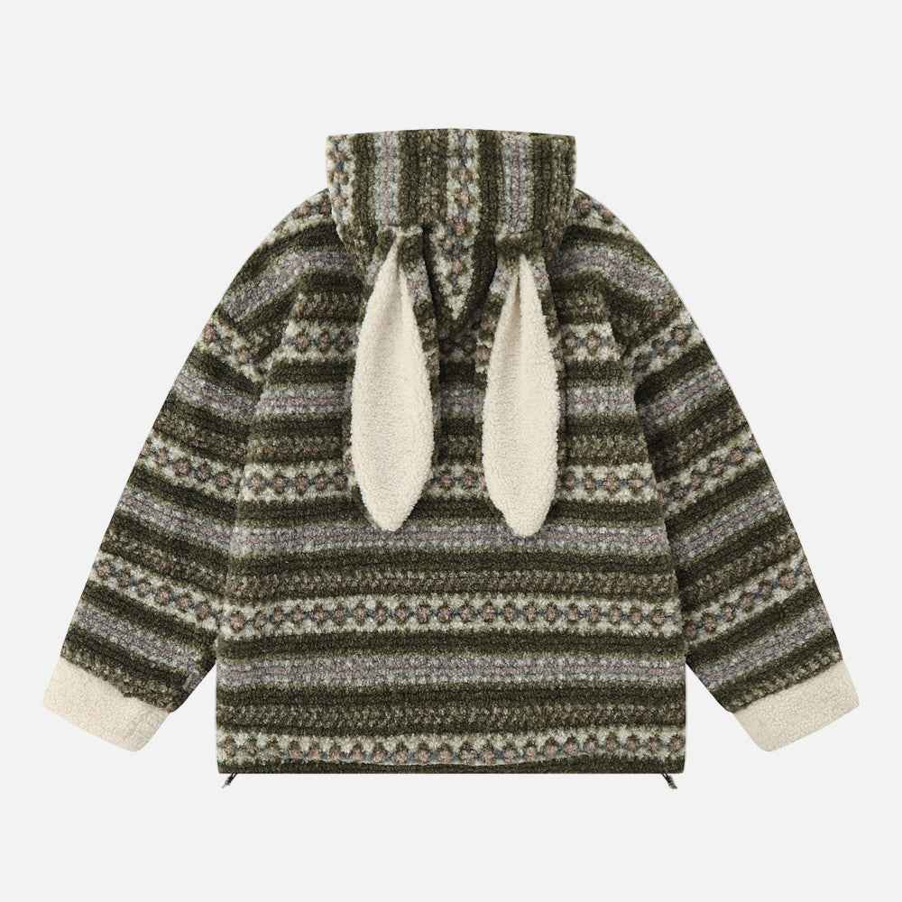 Soft Striped Winter Cartoon Rabbit Hooded Sweatshirt