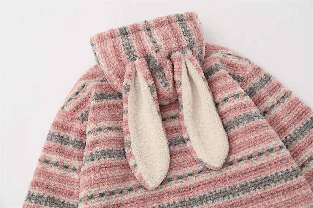 Soft Striped Winter Cartoon Rabbit Hooded Sweatshirt