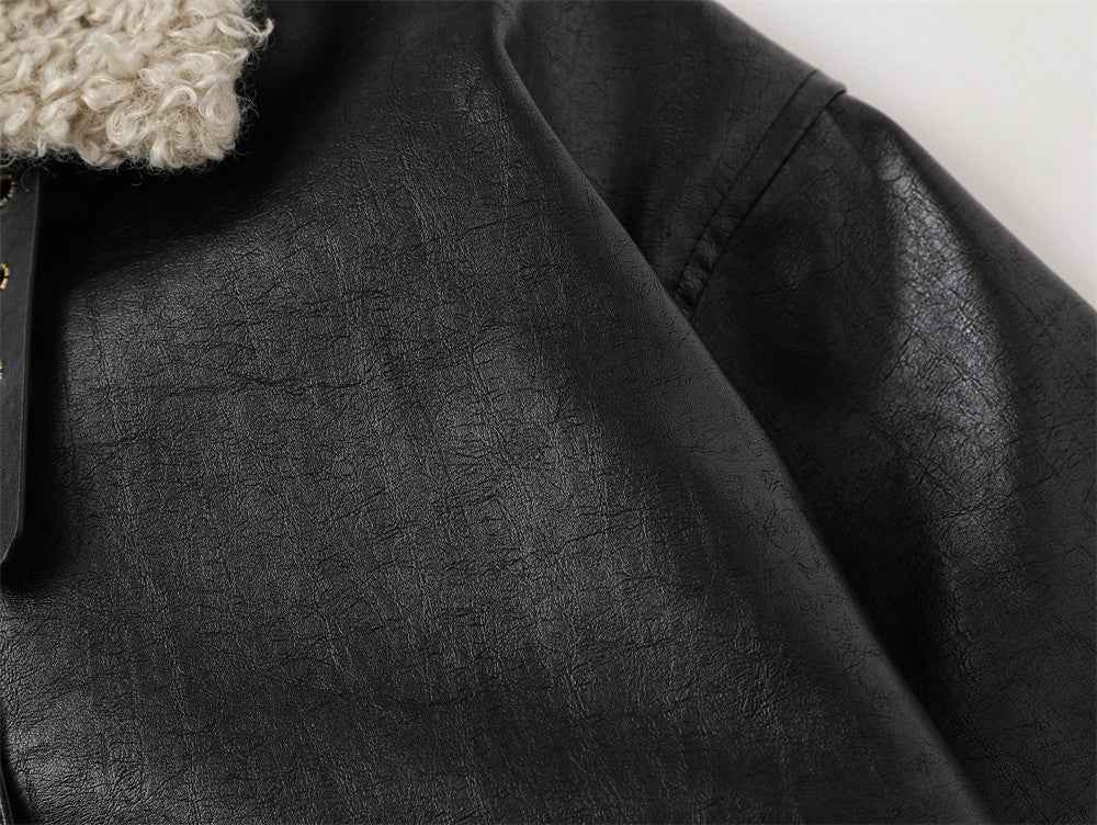 Winter Thick Warm Stand Furry Collar Leather Jacket