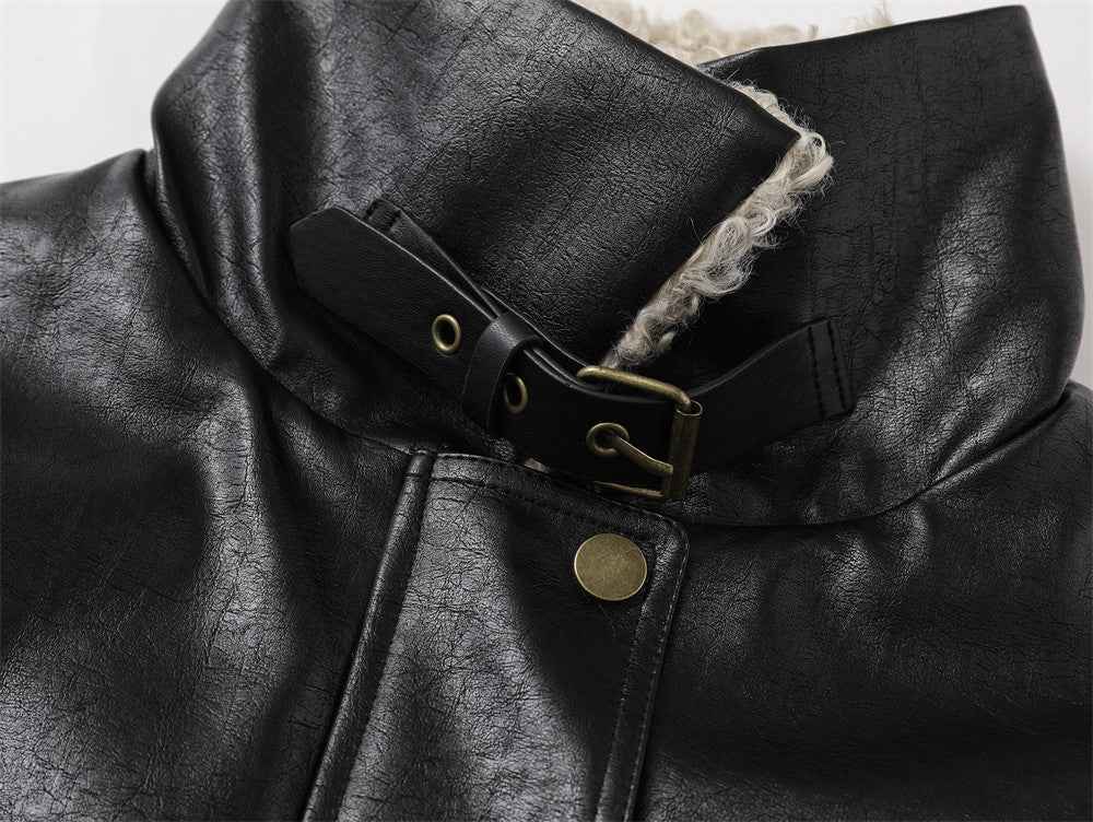Winter Thick Warm Stand Furry Collar Leather Jacket
