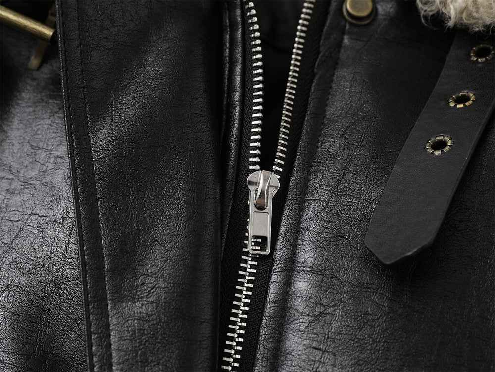 Winter Thick Warm Stand Furry Collar Leather Jacket