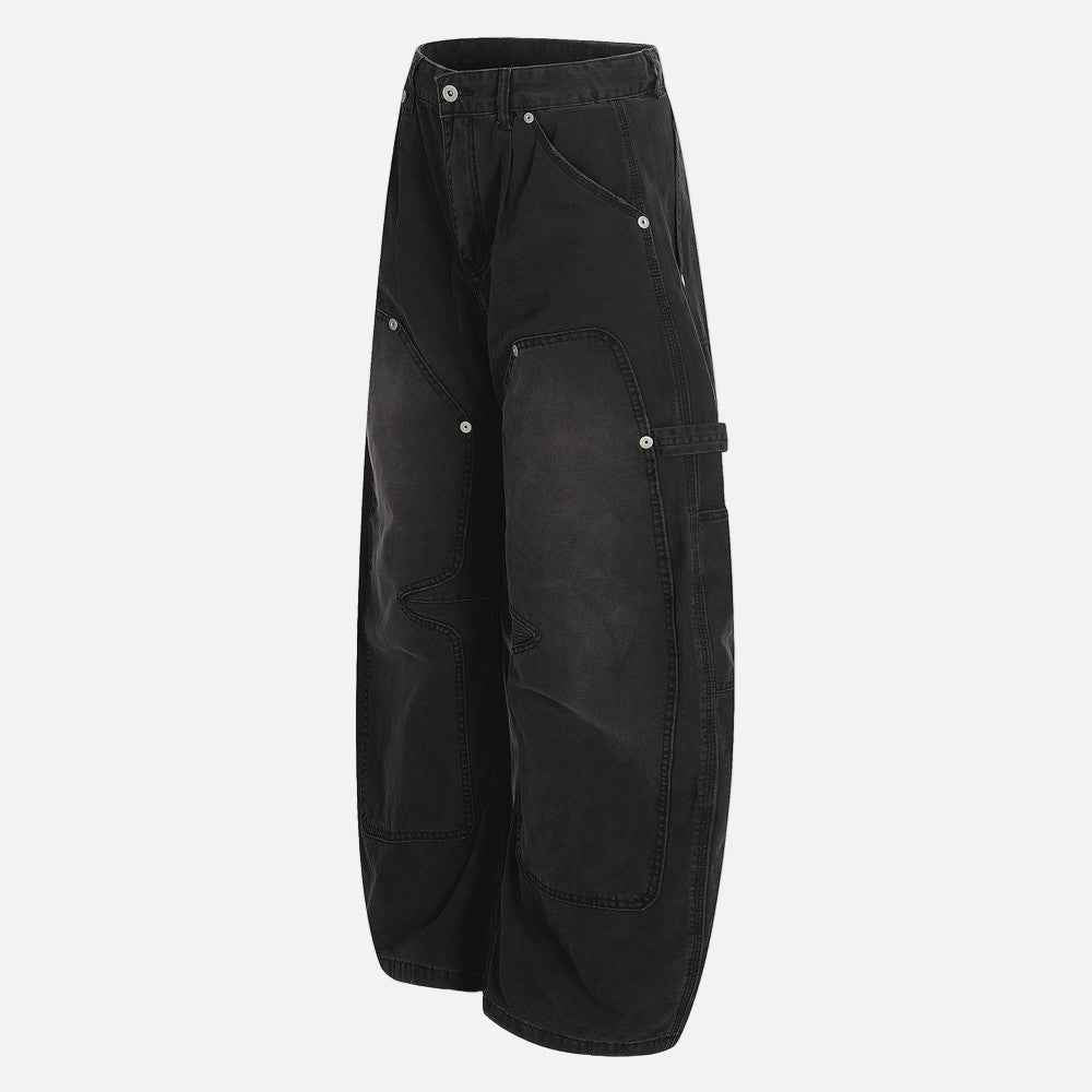 Vintage Distressed Workwear Wide-Leg Cargo Jeans
