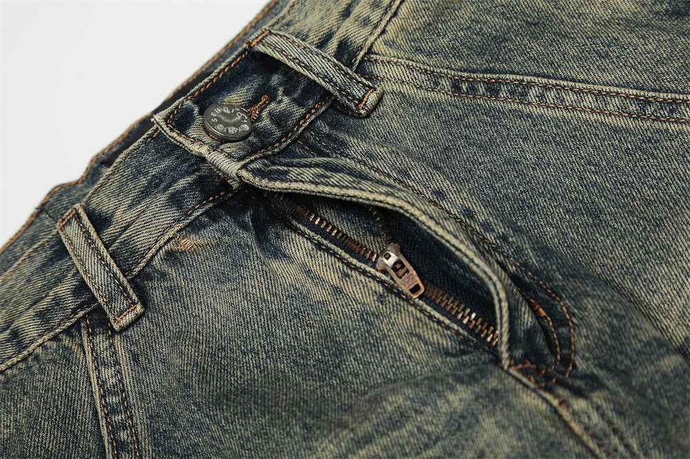 Fashionable Washed Distressed Denim Straight Leg Jeans