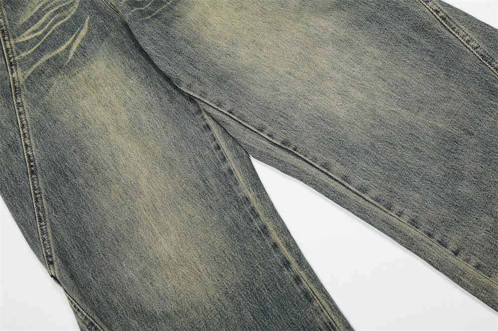 Fashionable Washed Distressed Denim Straight Leg Jeans