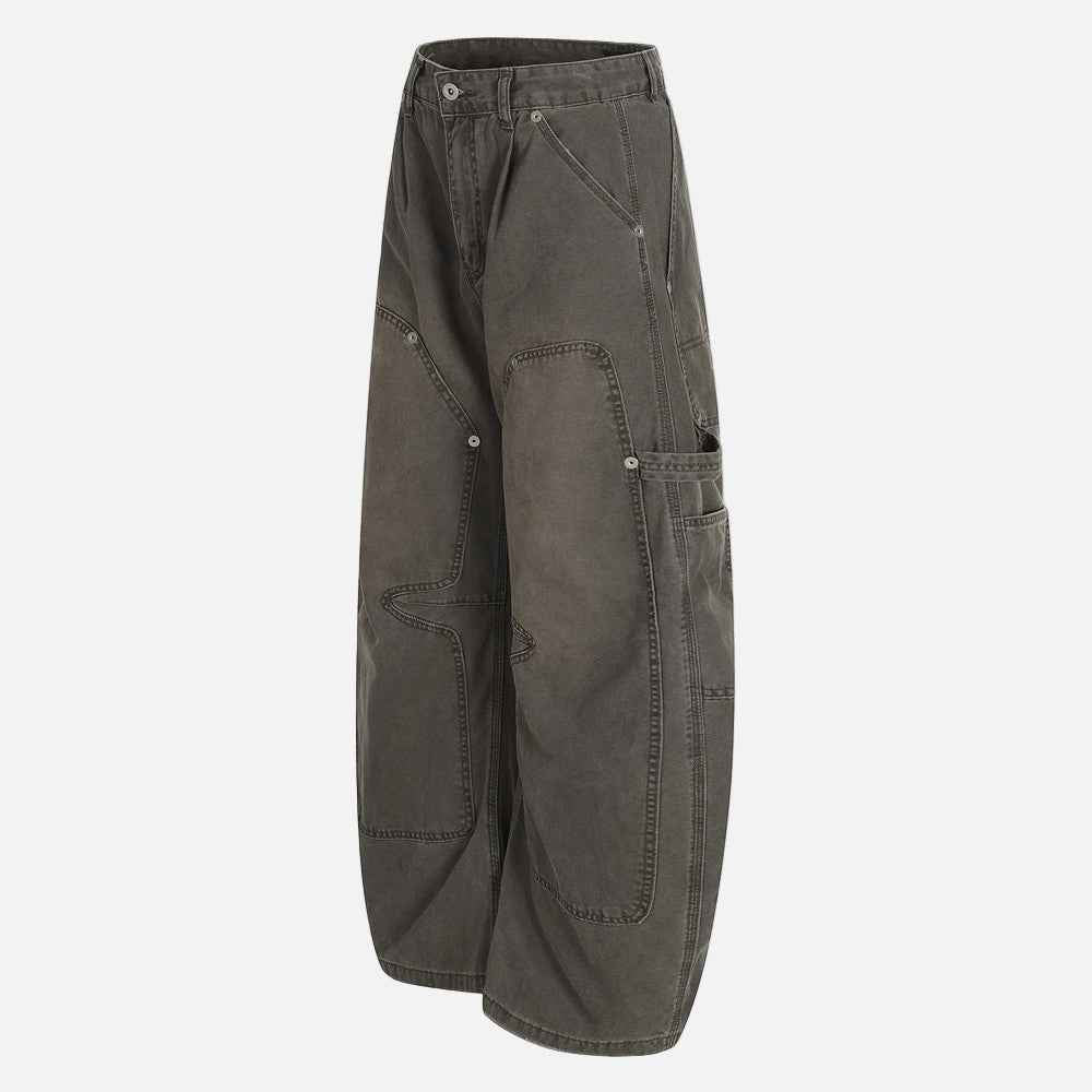Vintage Distressed Workwear Wide-Leg Cargo Jeans