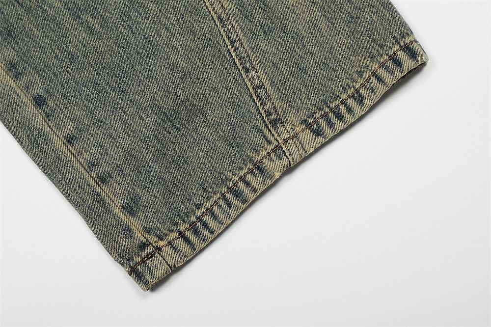 Fashionable Washed Distressed Denim Straight Leg Jeans