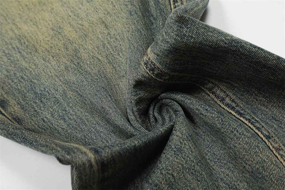 Fashionable Washed Distressed Denim Straight Leg Jeans