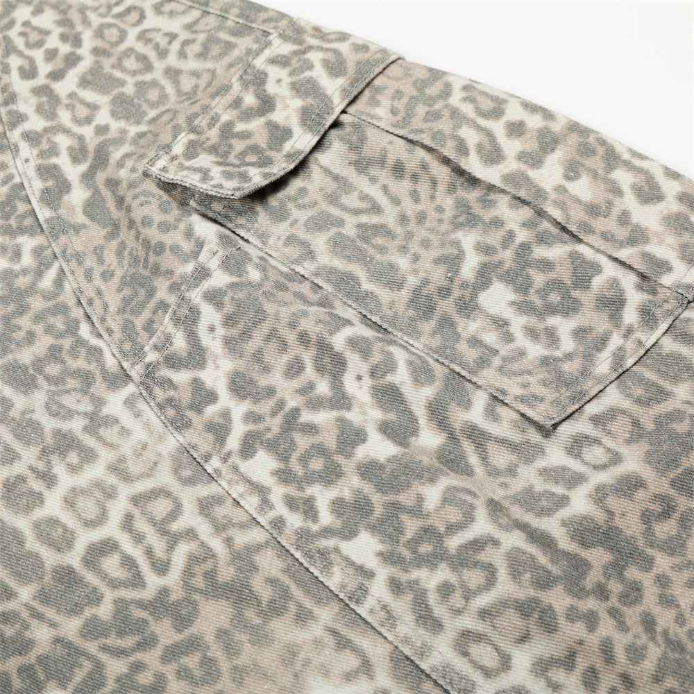 Vintage Punk Leopard Print Cargo Denim Jeans