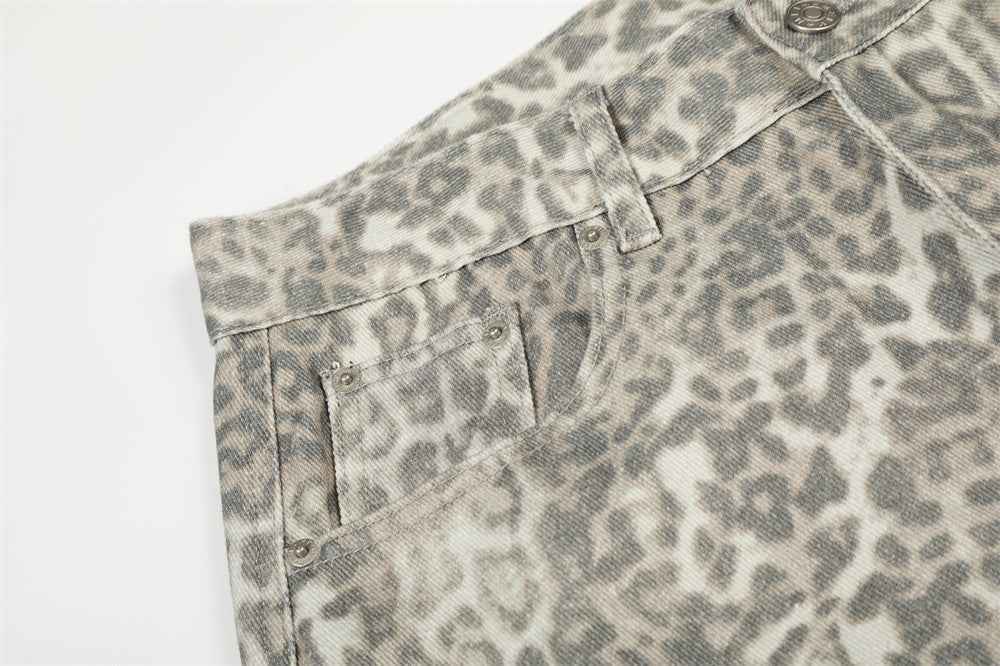Vintage Punk Leopard Print Cargo Denim Jeans