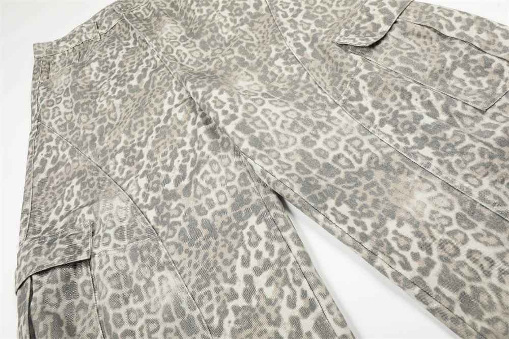 Vintage Punk Leopard Print Cargo Denim Jeans
