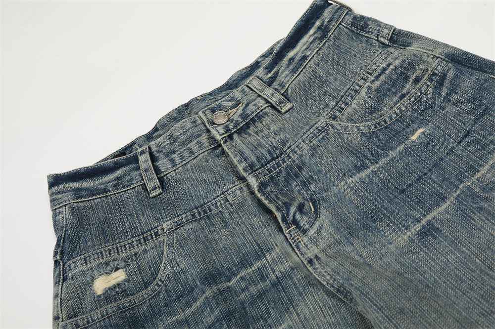 Streetwear Punk Distressed Washed Denim Wide Leg Jeans