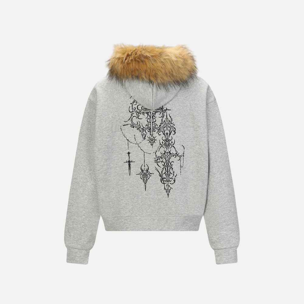 Y2K Graffiti Print Zip-Up Faux Fur Hooded Sweatshirt