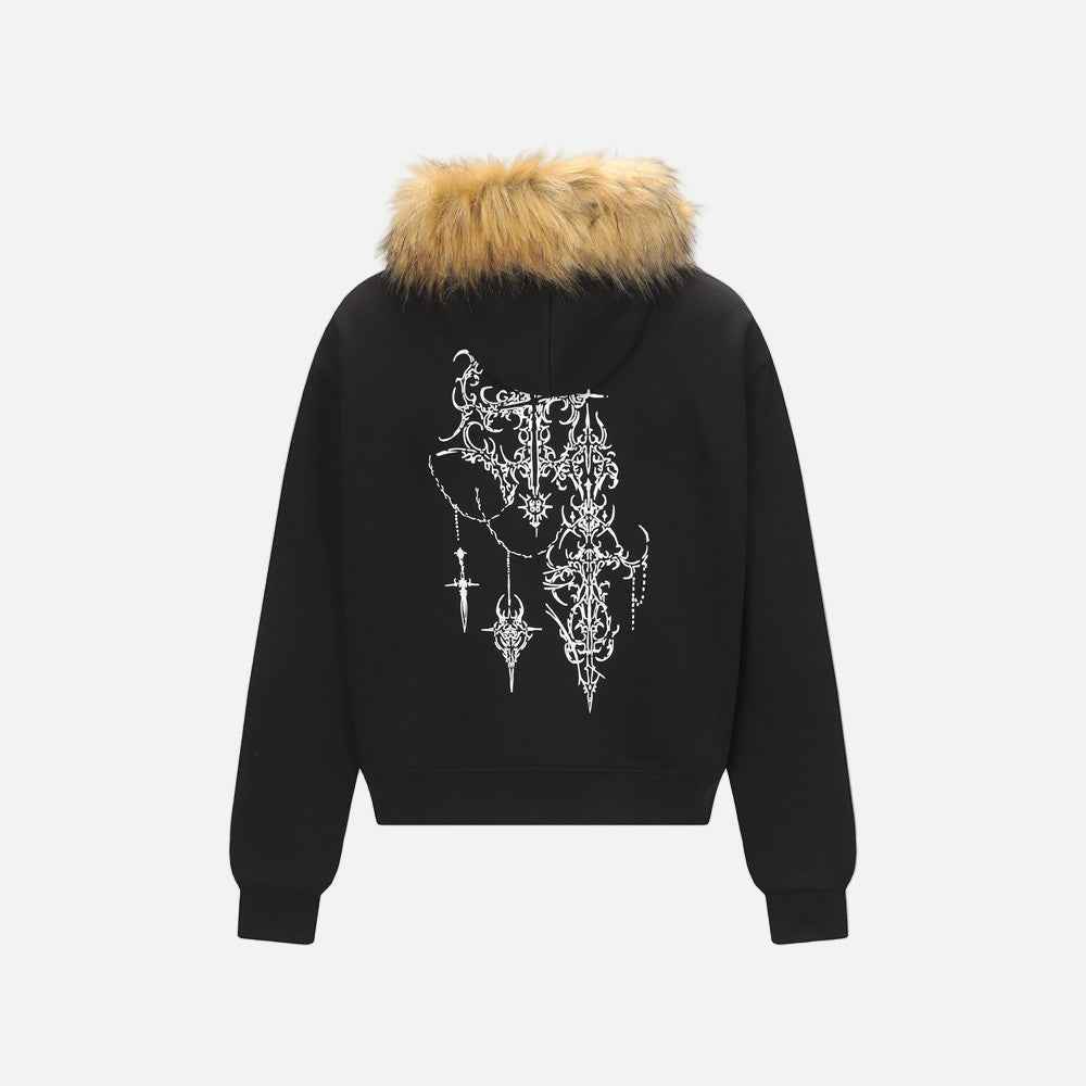 Y2K Graffiti Print Zip-Up Faux Fur Hooded Sweatshirt