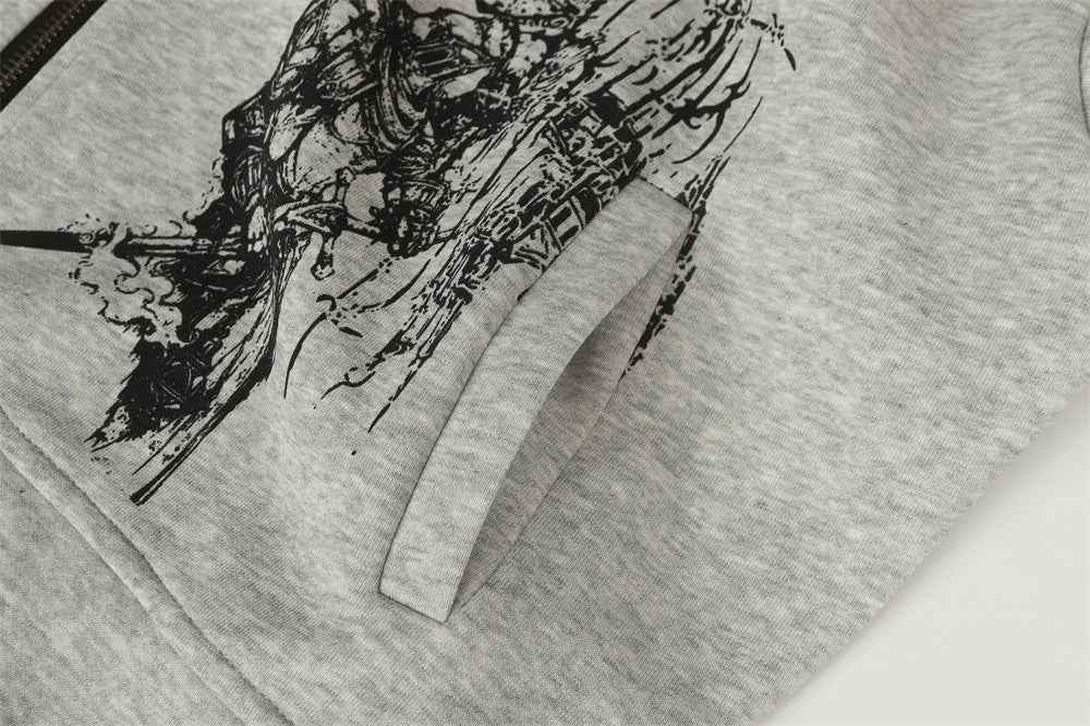 Y2K Graffiti Print Zip-Up Faux Fur Hooded Sweatshirt