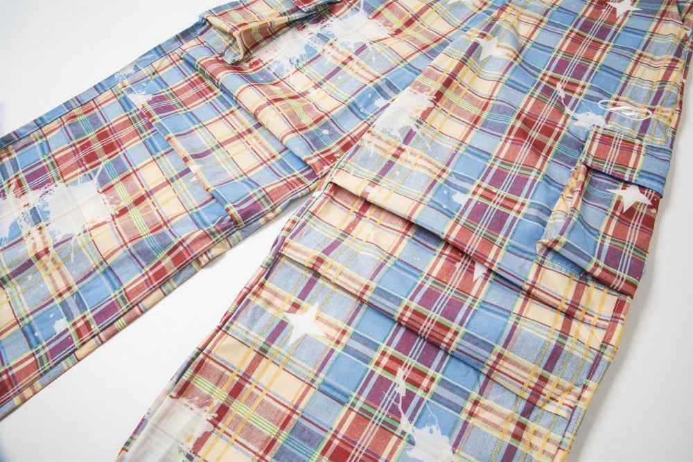 Y2K Trendy Vibe Design Painted Plaid Wide-Leg Cargo Pants