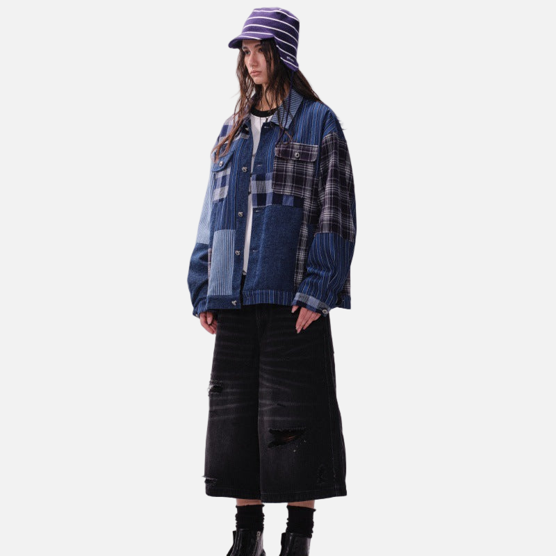 Streetwear Artisan Blend Checkered Denim Jacket - Luxuryurbanwear