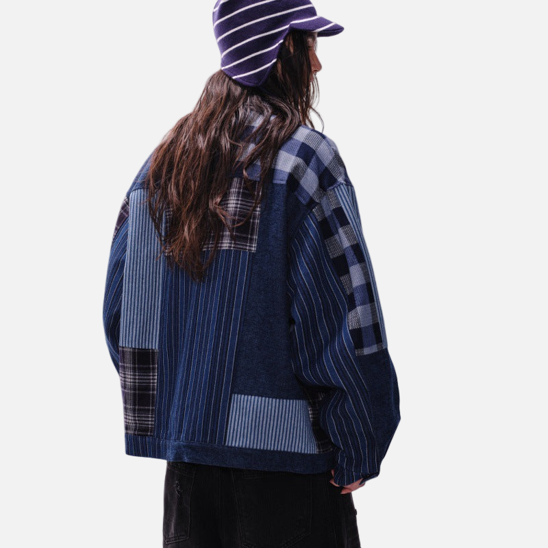 Streetwear Artisan Blend Checkered Denim Jacket - Luxuryurbanwear